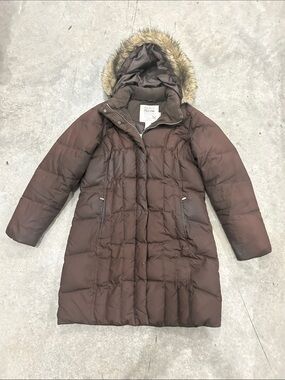 Eddie Bauer Women’s 700 Fill Goose Down Long Puffer Coat Brown Faux Fur Hood